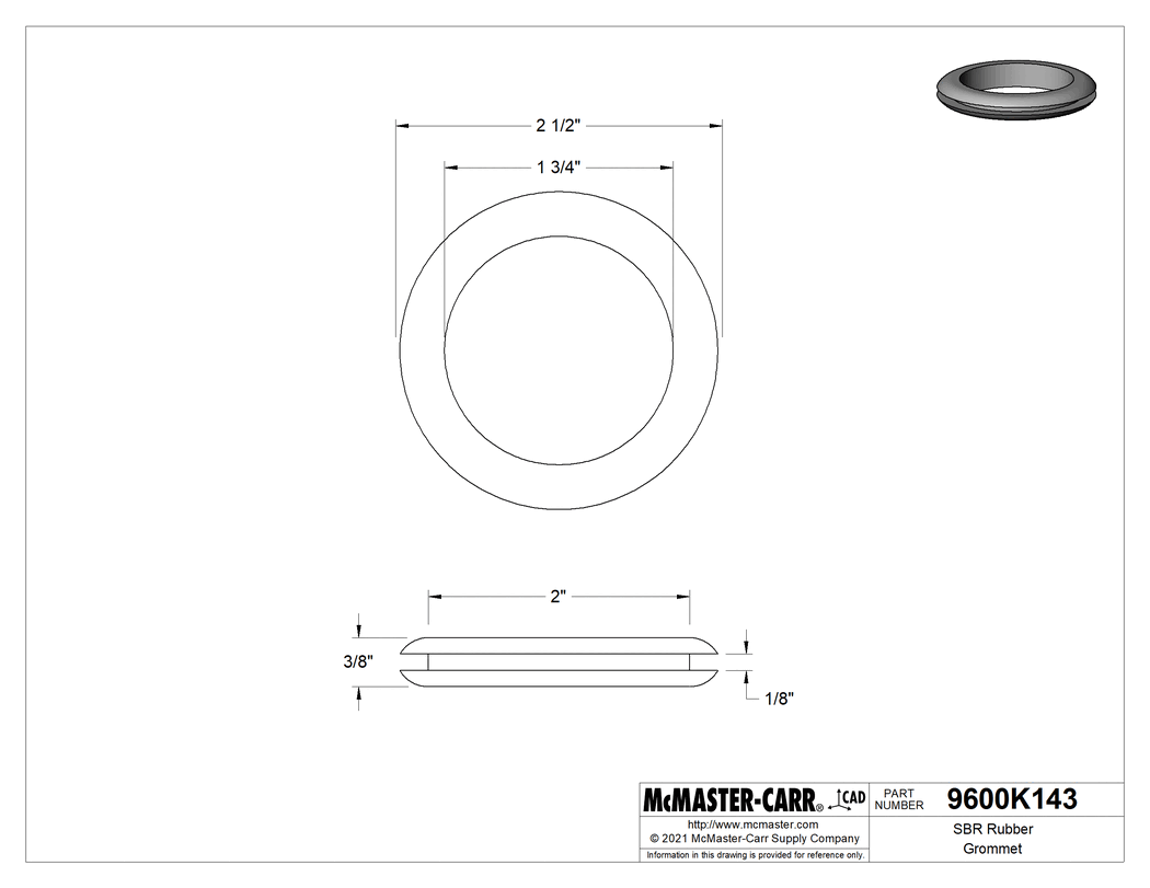 Technical Drawing of SBR Rubber Grommet, for 2" Hole Diameter and 1/8" Material Thickness.